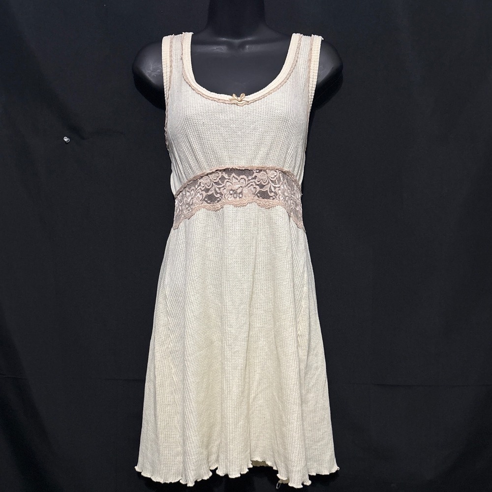 Y2K Colesce Couture Waffle Knit Mini Tank Dress Small Cream Coquette Lace Trim